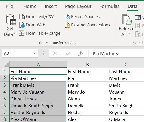 كيفية فصل الاسم الأول والأخير في Excel