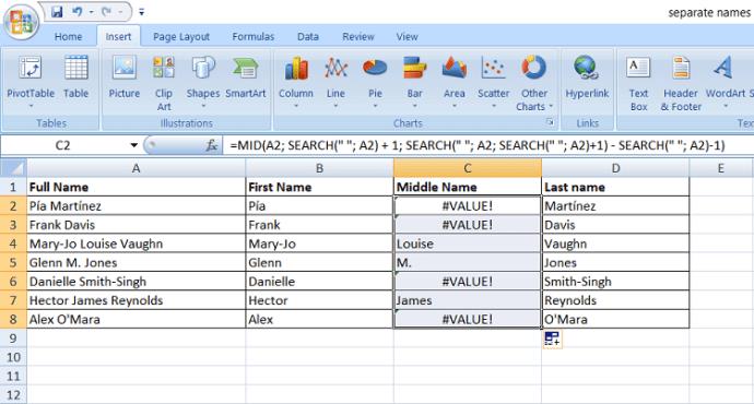 كيفية فصل الاسم الأول والأخير في Excel