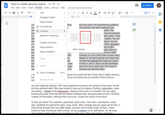 Comment faire deux colonnes dans Google Docs