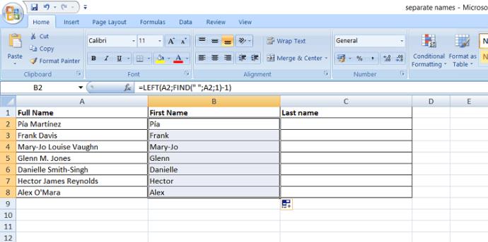 كيفية فصل الاسم الأول والأخير في Excel