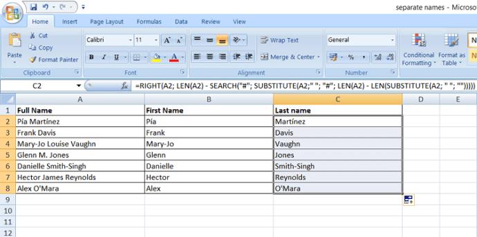 كيفية فصل الاسم الأول والأخير في Excel