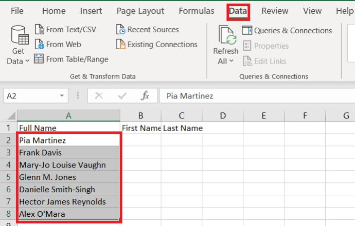 كيفية فصل الاسم الأول والأخير في Excel