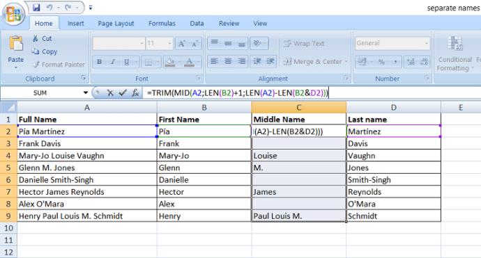 كيفية فصل الاسم الأول والأخير في Excel