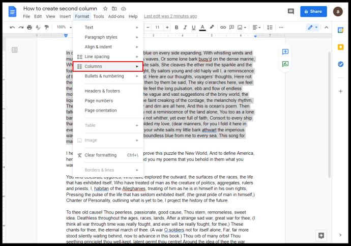 Comment faire deux colonnes dans Google Docs