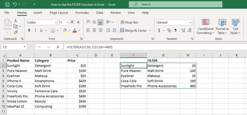 Cum se utilizează funcția FILTER în Excel