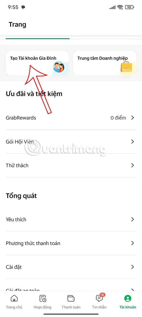Instruções para criar uma conta familiar no Grab