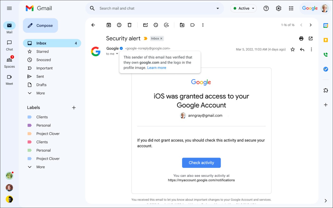 O Gmail adiciona uma marca de seleção azul para verificar remetentes “respeitáveis”
