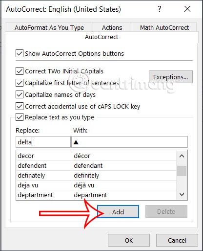 Istruzioni per l'inserimento del simbolo delta in Excel