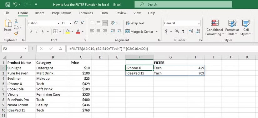Cum se utilizează funcția FILTER în Excel
