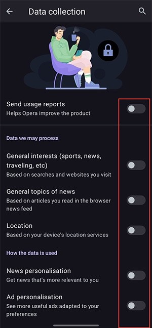 How to turn off data collection on Opera mini app