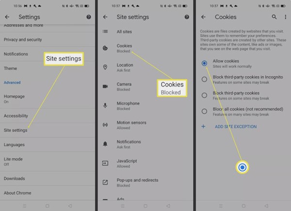 How to enable cookies on Android phone