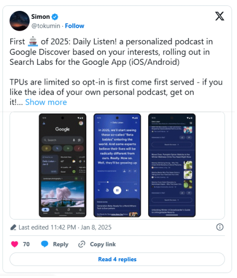 O experimento Daily Listen do Google transforma o feed do Discover em um podcast de IA