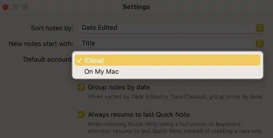 Инструкции по изменению учетной записи по умолчанию в Apple Note