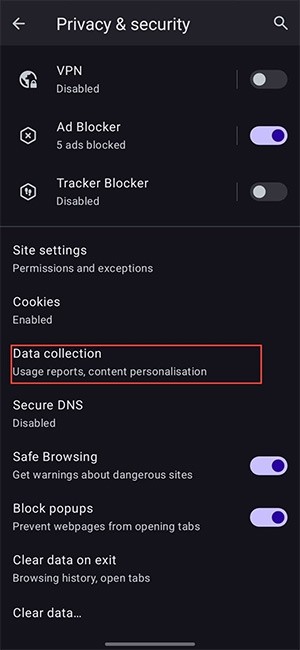 How to turn off data collection on Opera mini app