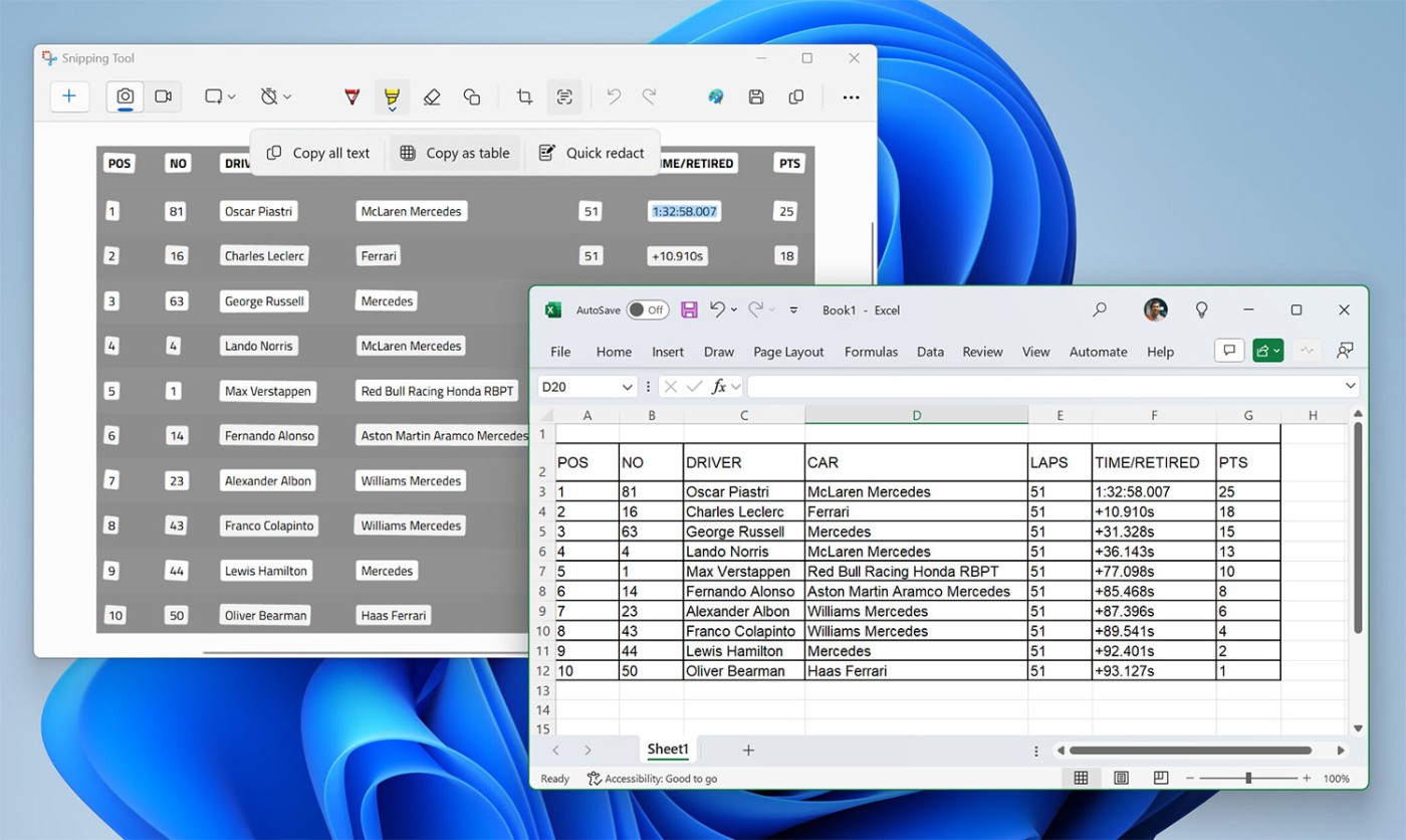 Microsoft voegt een functie voor het kopiëren van gegevenstabellen toe aan de Snipping Tool-app