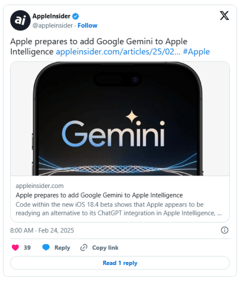 Apple bereitet möglicherweise die Integration von Gemini in Apple Intelligence vor