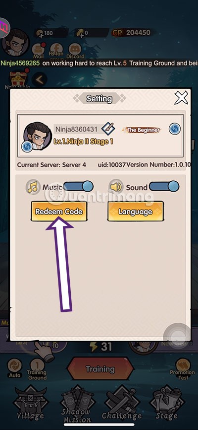 Último código Ninja Tien Len e como inserir o código