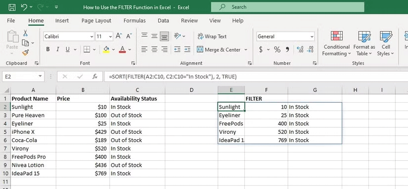 Cum se utilizează funcția FILTER în Excel