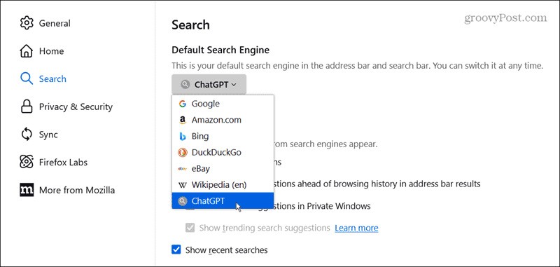 ChatGPT instellen als standaardzoekmachine in Firefox