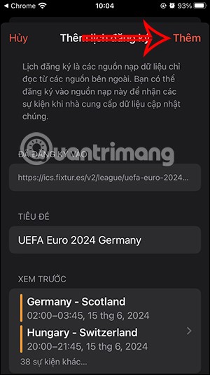 Instructions to add Euro 2024 calendar on iPhone