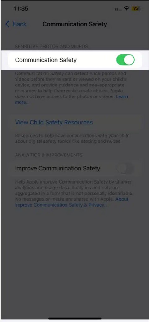 Anweisungen zum Aktivieren der Kommunikationssicherheit zum Schutz von Kindern bei der Verwendung des iPhone