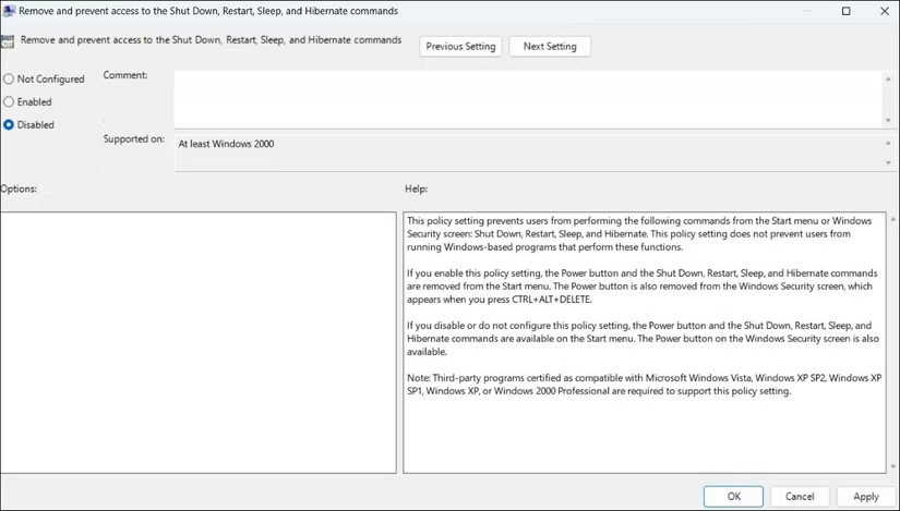 Correction de l'erreur « Aucune option d'alimentation n'est actuellement disponible » sous Windows 10/11