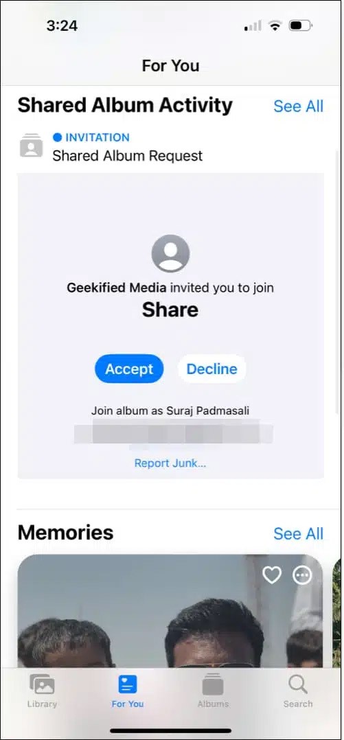 Instructions for joining shared albums on iPhone