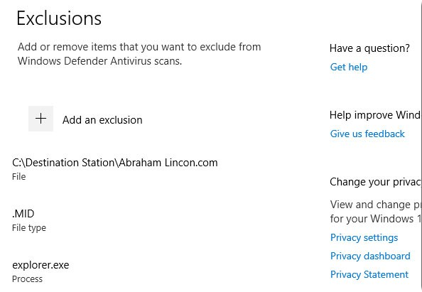 How to add exceptions in Windows Defender on Windows 10