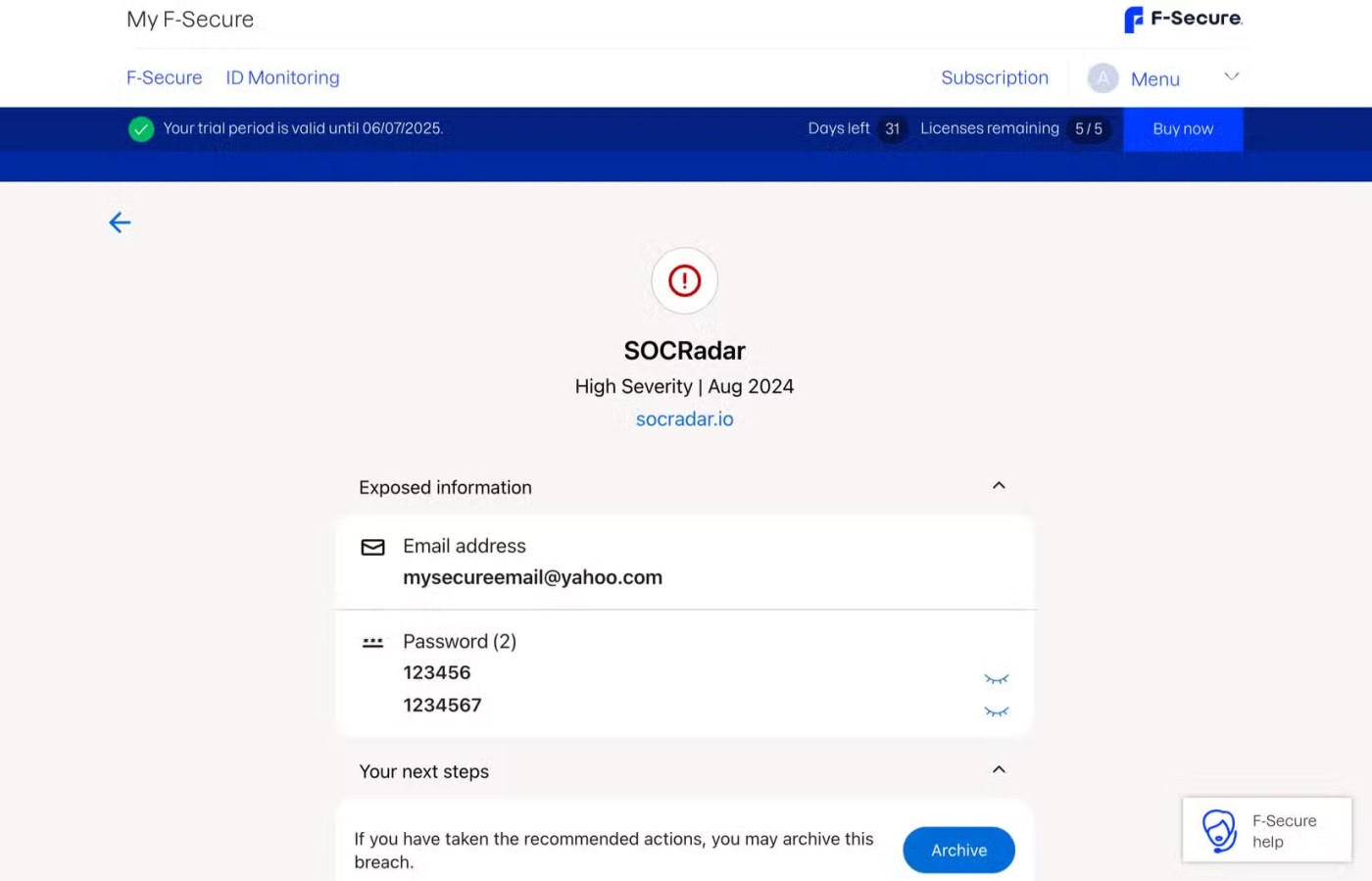 Ketahui tentang perkhidmatan penjejakan web gelap F-Secure ID Protection
