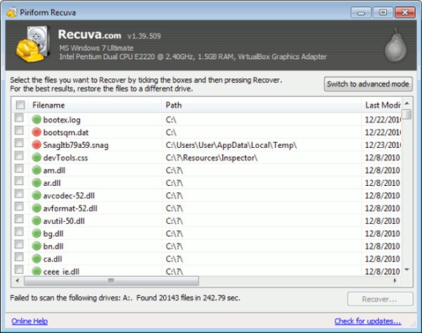 Recuperar datos borrados con Recuva Portable en Windows 7