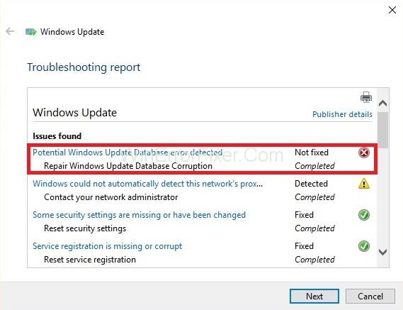Rilevato potenziale errore del database di Windows Update {risolto}