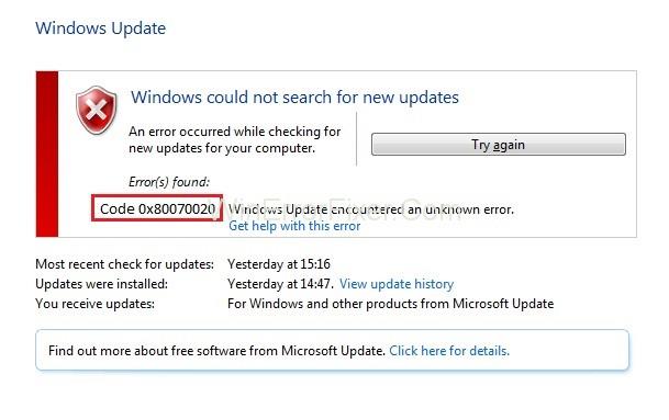 Errore di Windows Update 0x80070020 {risolto}