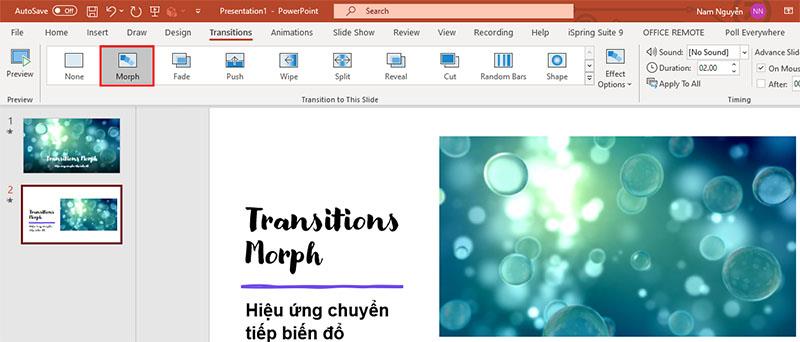 Menggunakan kesan Morph dalam PowerPoint