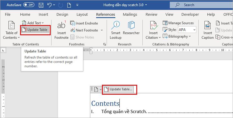 Instructions for creating automatic table of contents in Microsoft word