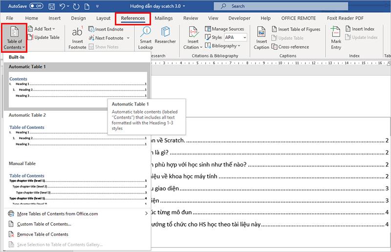 Instructions for creating automatic table of contents in Microsoft word