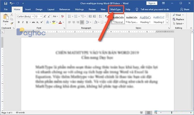 Instructions for inserting Mathtype into documents in Word 2019