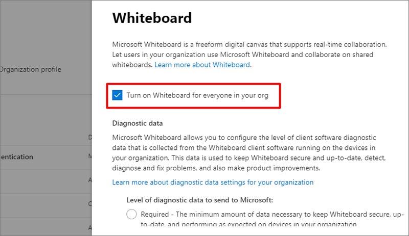 Toggle Microsoft Whiteboard for your organization