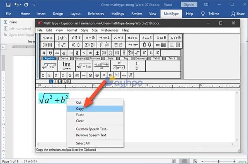 Instructions pour insérer Mathtype dans des documents dans Word 2019