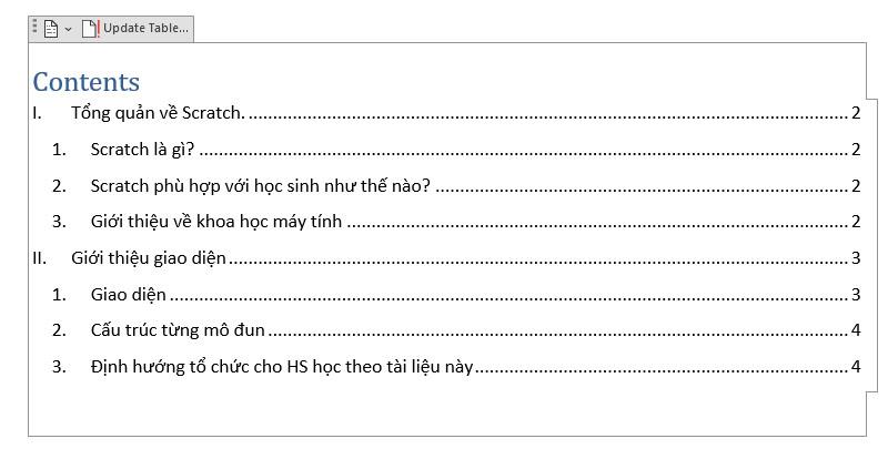 Instructions for creating automatic table of contents in Microsoft word