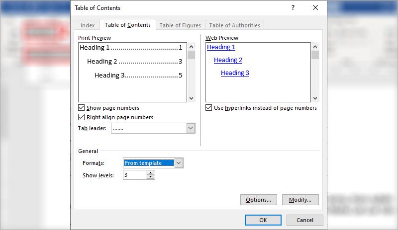 Instructions for creating automatic table of contents in Microsoft word