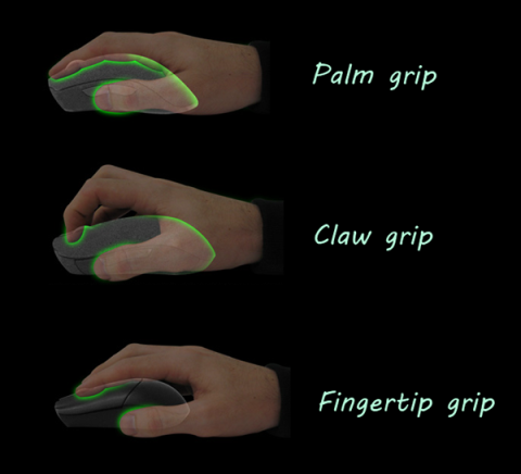 3 poignées de souris de base : Palm, Claw et Fingertip